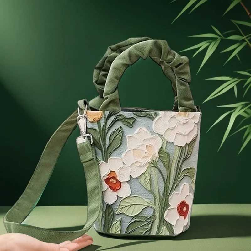Oil Painting Flower Advanced Feeling Crossbody Handle Bucket Bag Womens Bag Korean Illustration Literary Watercolor Creative Z250618