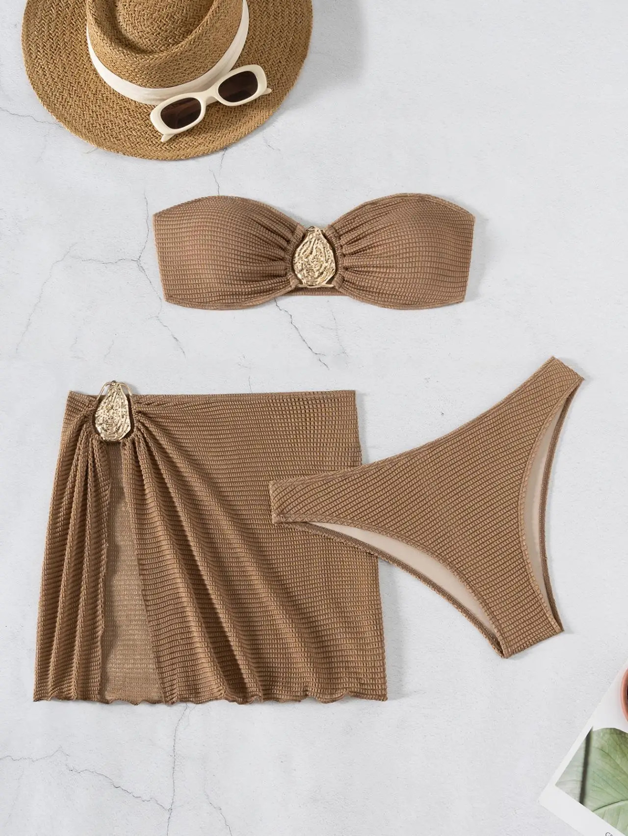 Sexy Bandeau Bikini Women Coffee Metal Water Droplet Ornament Push Up Mesh Skirt 3 Piece Swimsuit Beach Bathing Suit Swimwear 250618