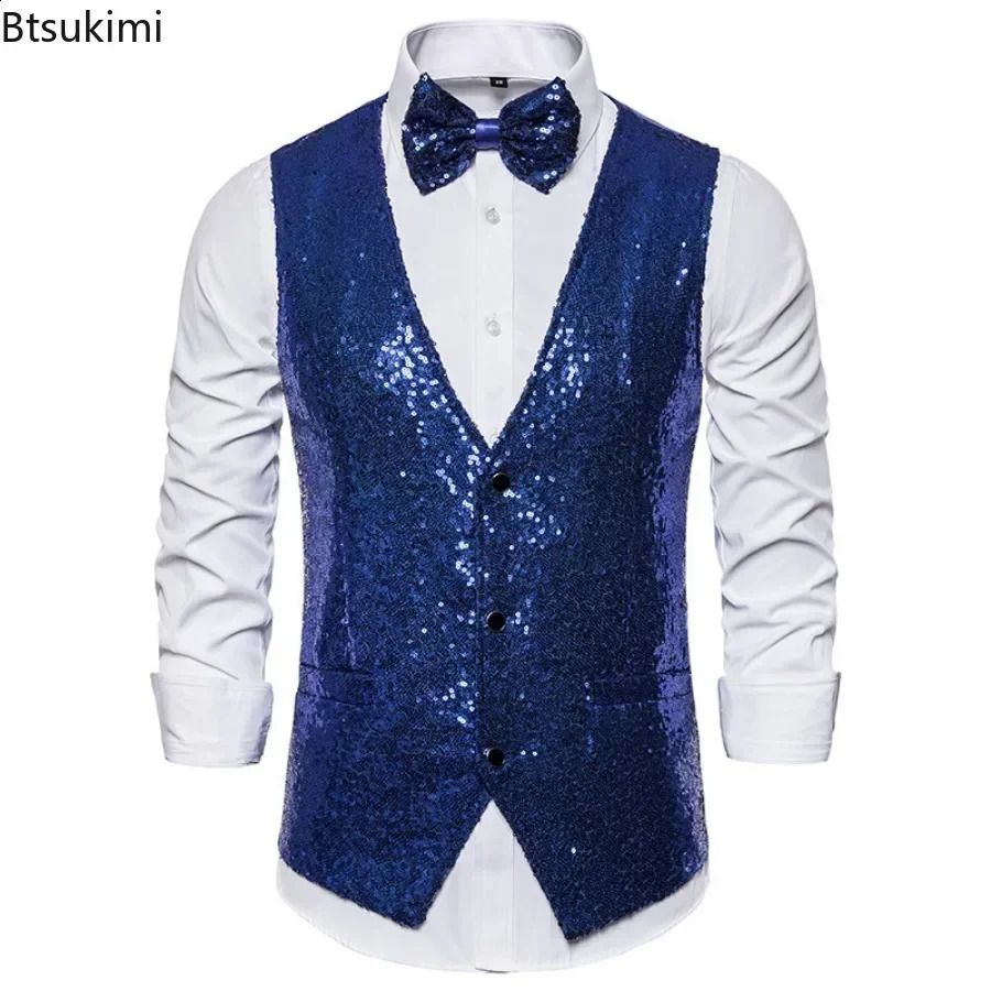 Mens Shiny Gold Sequin Glitter Embellished Blazer Waistcoat Night Club Blazer Wedding Party Waistcoat Stage Singers Vest 250614