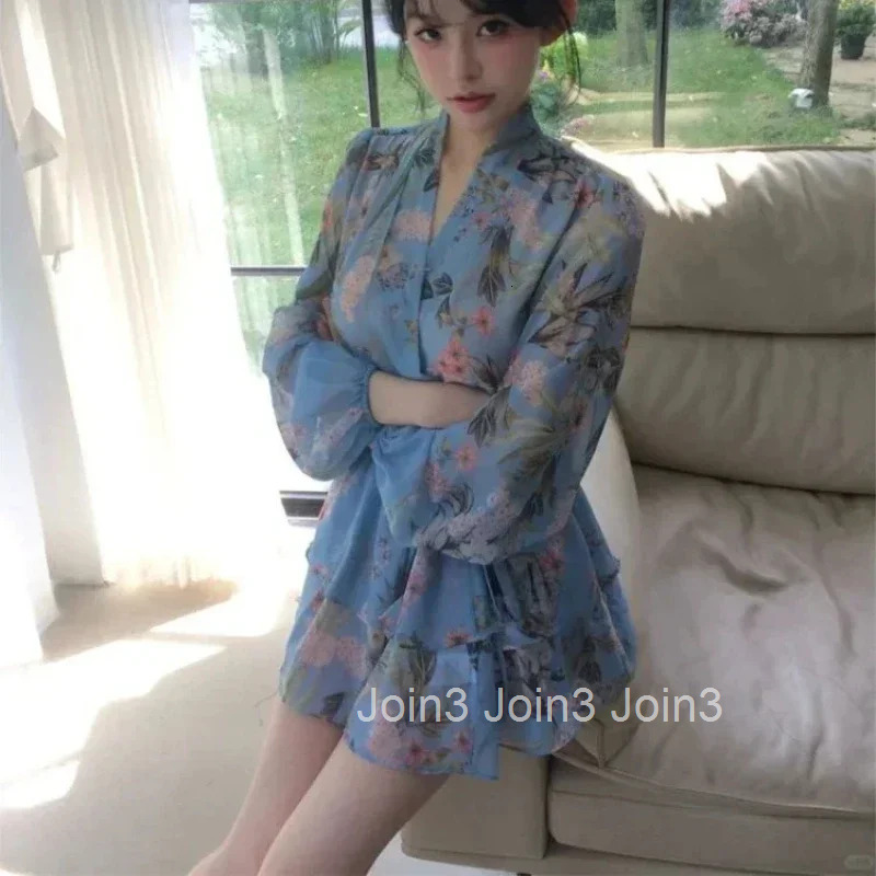 Female Dress New In Floral Chiffon Loose On Promotion Elastic Y2k One-piece Casual Youth Aesthetic G Womens Long Sleeve Dresses