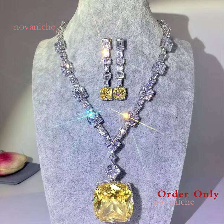 Simulated Dia Super Big Gemstone Sterling Sier Party Yellow Square Zircon Pendant Necklace