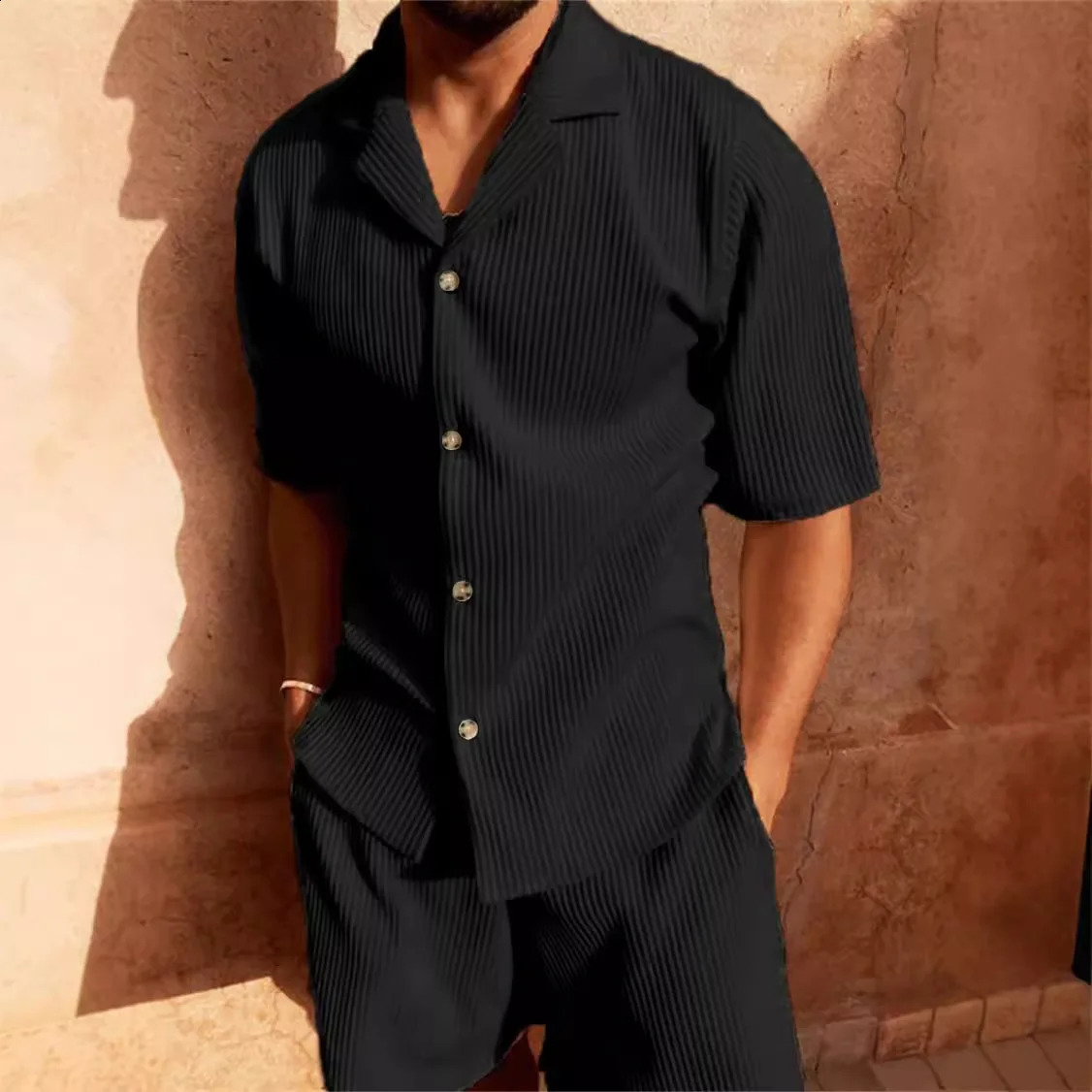 Mens Corduroy Casual Short Sleeve Shirt Shorts Suit Beach Style Lapel Collar Running Training 250614