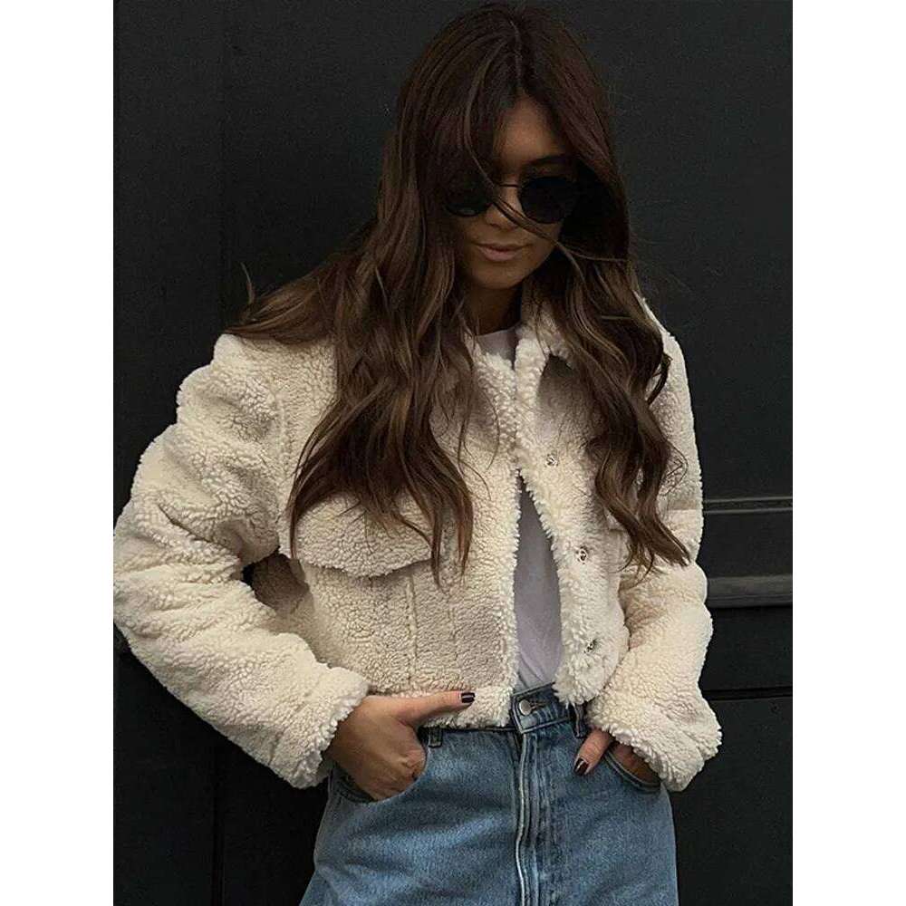Casual Faux Lamb Wool Short Women Winter Coats 2023 Long Sleeve Turn Down Collar Pocket Autumn Jackets Female Warm Streetwear
