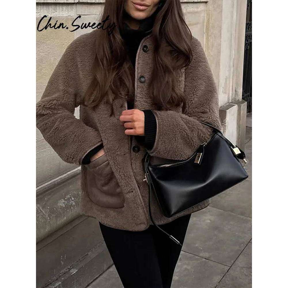 Vintage Lamb Solid Women Coat Casual Full Sleeve Single Breasted Pocket Lady Jacket 2025 Spring Autumn Patchwork Female Overcoat