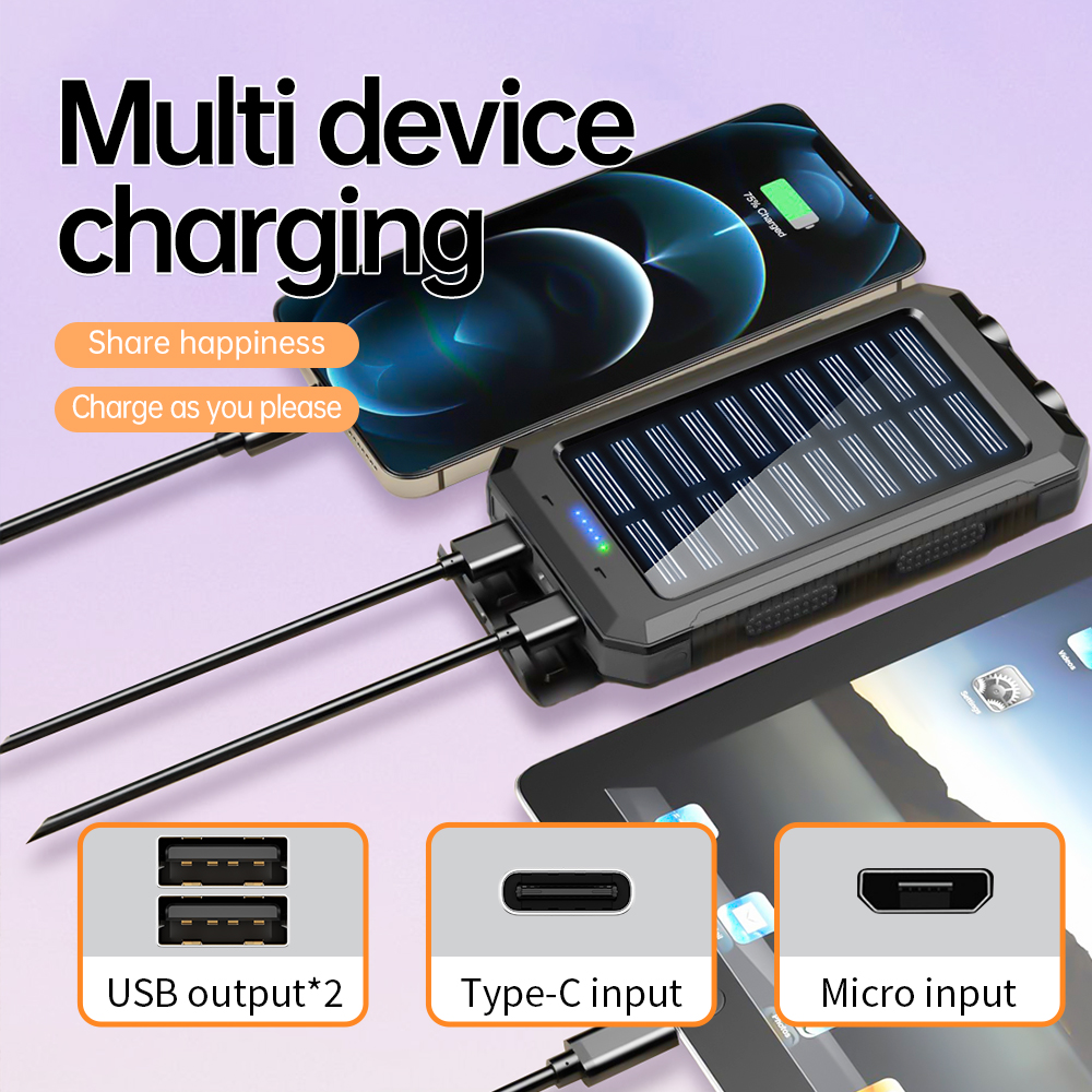 Winsway 10000mAh outdoor solar power bank, built-in two LED searchlights, compass, mountaineering clip for charging 3 devices, dedicated for mountaine