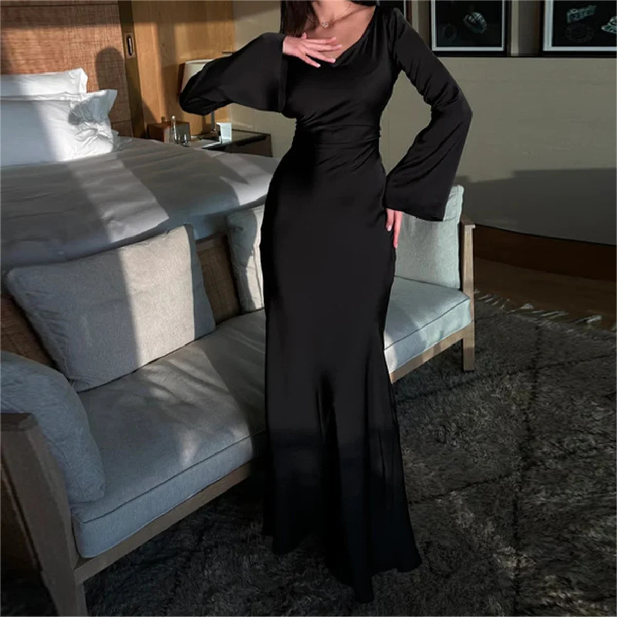 Womens Maxi Dress Silk Long Round Neck Satin Flare Sleeve Lace Up Slim Skirt Evening Party Dresses Sexy Chic Robes 250617