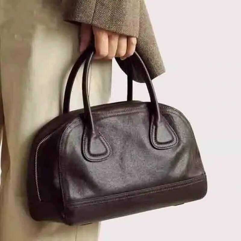 Women's Genuine Leather Vintage Zipper Handbag Small Size Tote Real Cowhide Singel Shoulder Bags P