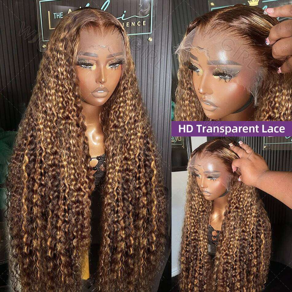 200% 30 32 Inch Highlight Ombre 13x6 Curly Lace Human Hair Honey Blonde Colored HD Deep Wave Frontal Wigs For Women