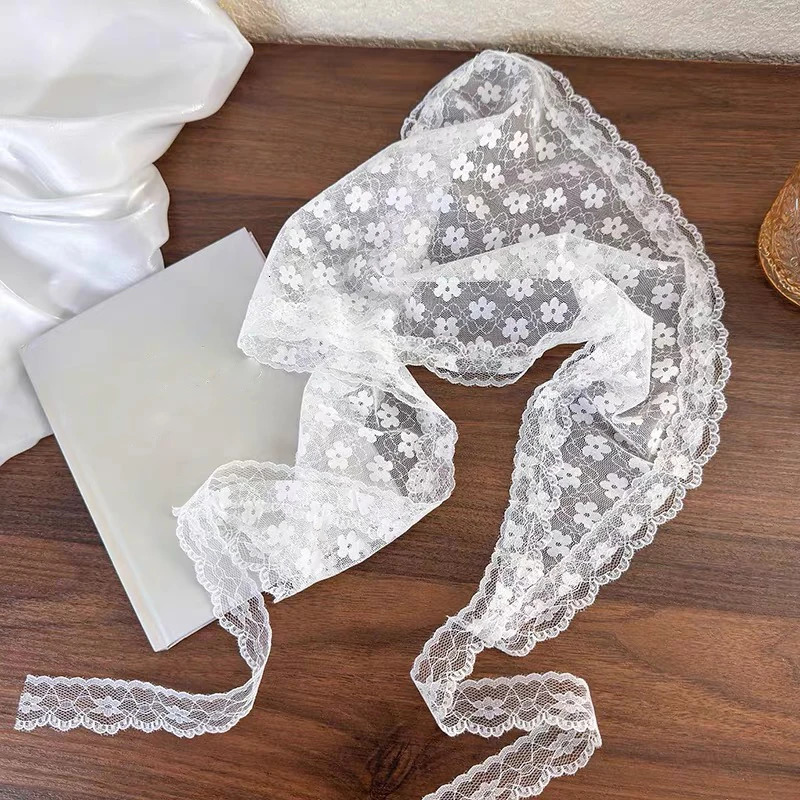 White Woven Floral Lace Hair Scarf Wrap Retro Triangle Headscarf Hat Travel Po Headband Hair Accessories 250617