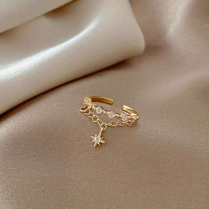 Trendy Luxury Star Adjustable Open Ring for Women with Hexagram Double Layer Chain