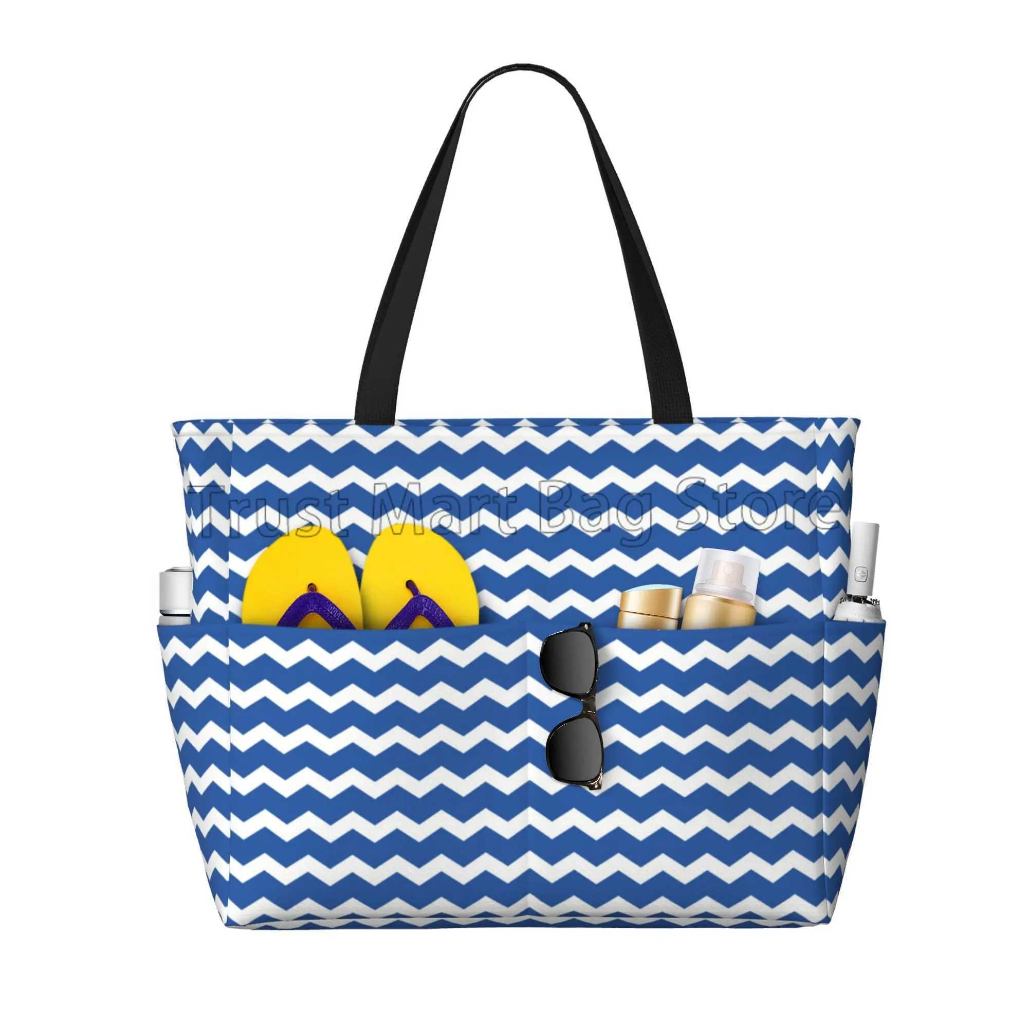 Blue Stripes Large Waterproof Beach Bag for Women Sandproof Tote Bag Pool Bag with Zipper and Pockets for Travel Gym B250618