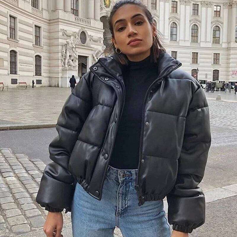 Women's Thick & Warm PU Leather Short Parka - Stylish Black Canvas with Soft Padding