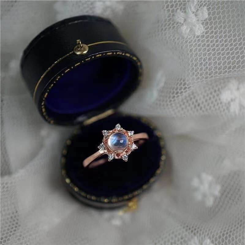 New Natural Moonstone Snowflake Open Ring Women Shiny Crystal Rose Gold Birthday Gift for Her