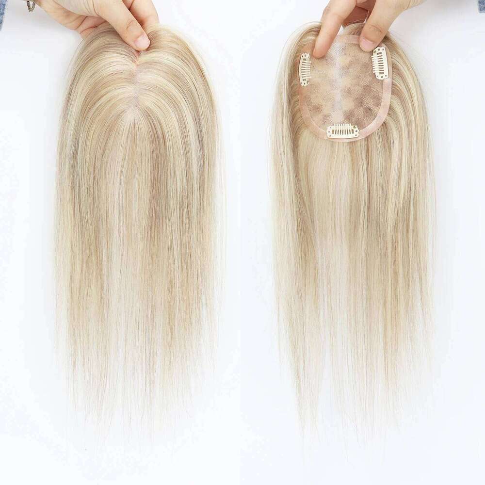 9.5X9.5cm Mono Base Topper for Women Real Remy Brazilian Human Hairpieces with Clips in 12" Ombre Highlight Summer Breathable