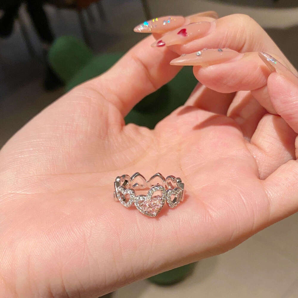 New Irregular Heartbeat Love Birthday Party Women's Internet Celebrity Style Pink Diamond Heart-shaped Open Ring
