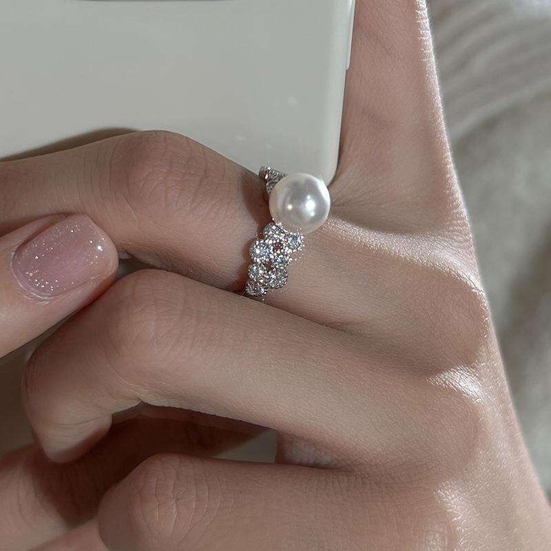 Light Luxury Zircon Pearl Mother-of-Pearl Ring Women, High-End Sense, Adjustable Ring, New Style for Index Finger