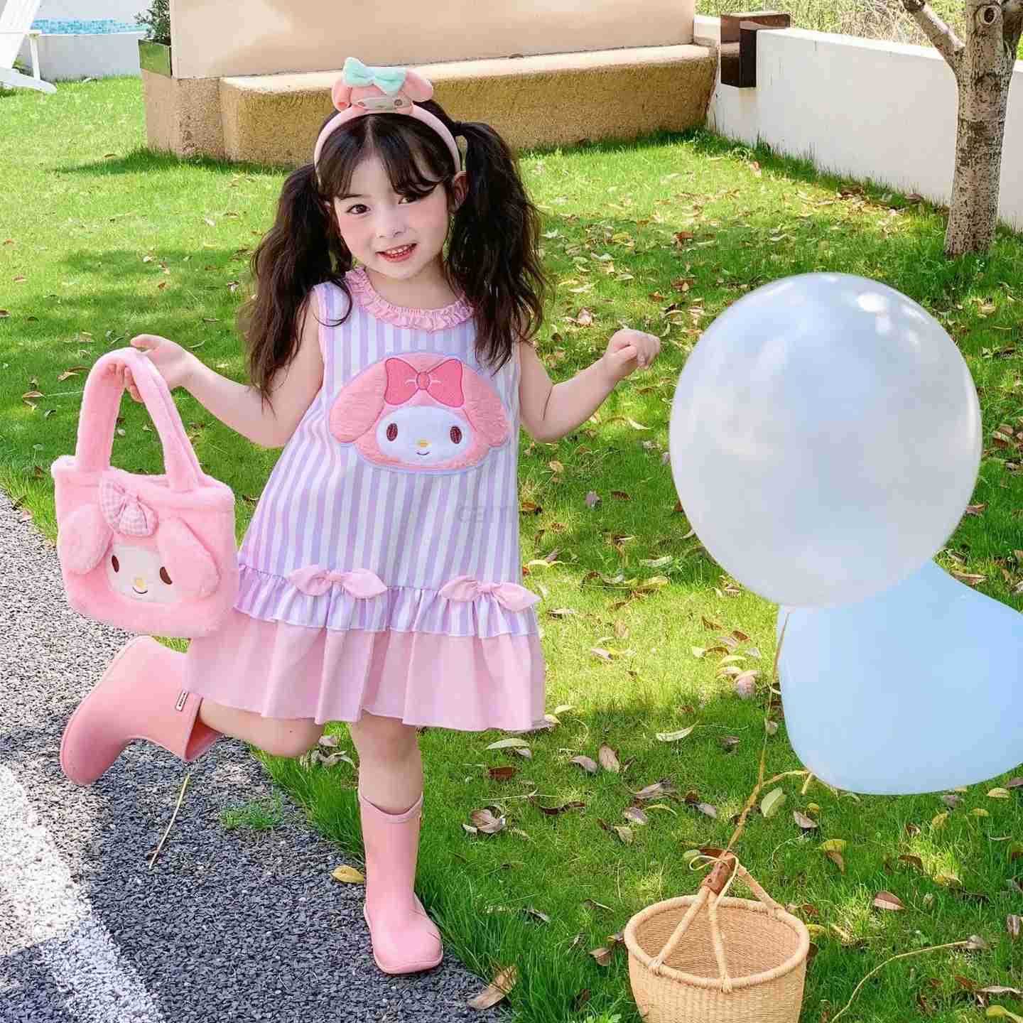 Sanrio Girls Summer Sleeveless Dress 2025 New Children Cartoon My Melody Striped Princess Dresses Sweet Frock Kids Clothing XJ250618