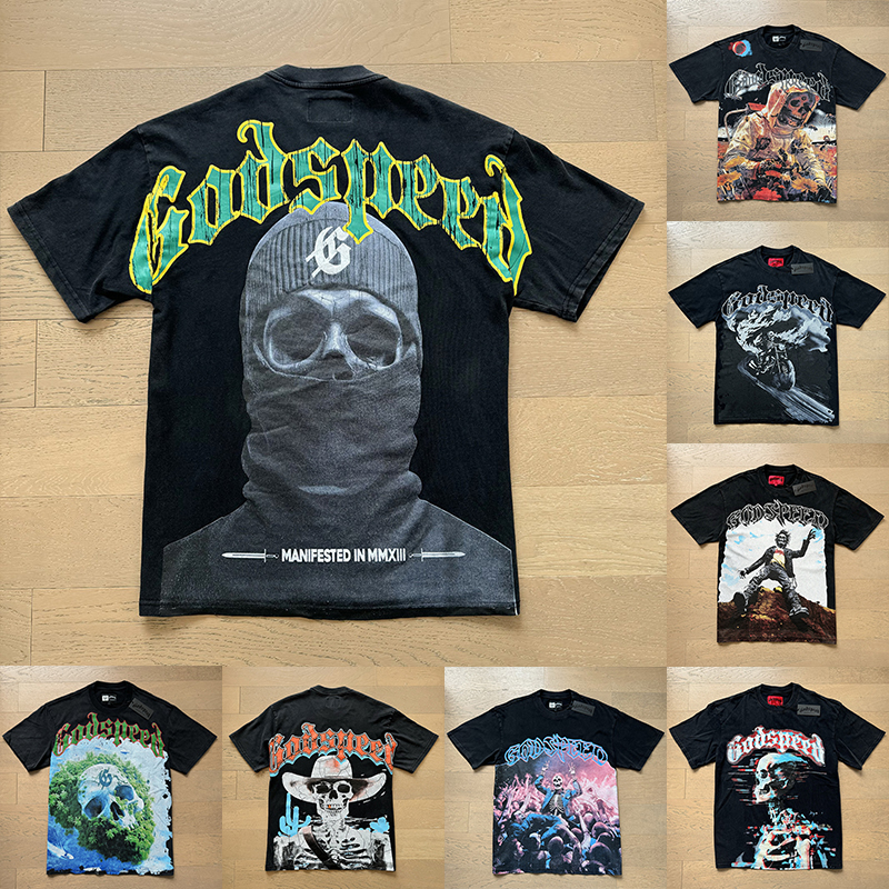 Trendy brand tshirt Godspeeds shirt mens designer t shirt quality cotton top colorful graffiti letter foil all print vintage washed black tee size s-xl