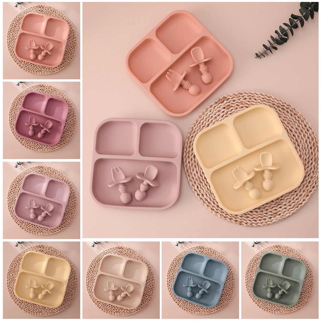 Color Kids 1Set BPA Free Silicone Square Baby Feeding Set Suction Plates Training Fork Spoon For 0-6 Years Childrens Tableware 250617