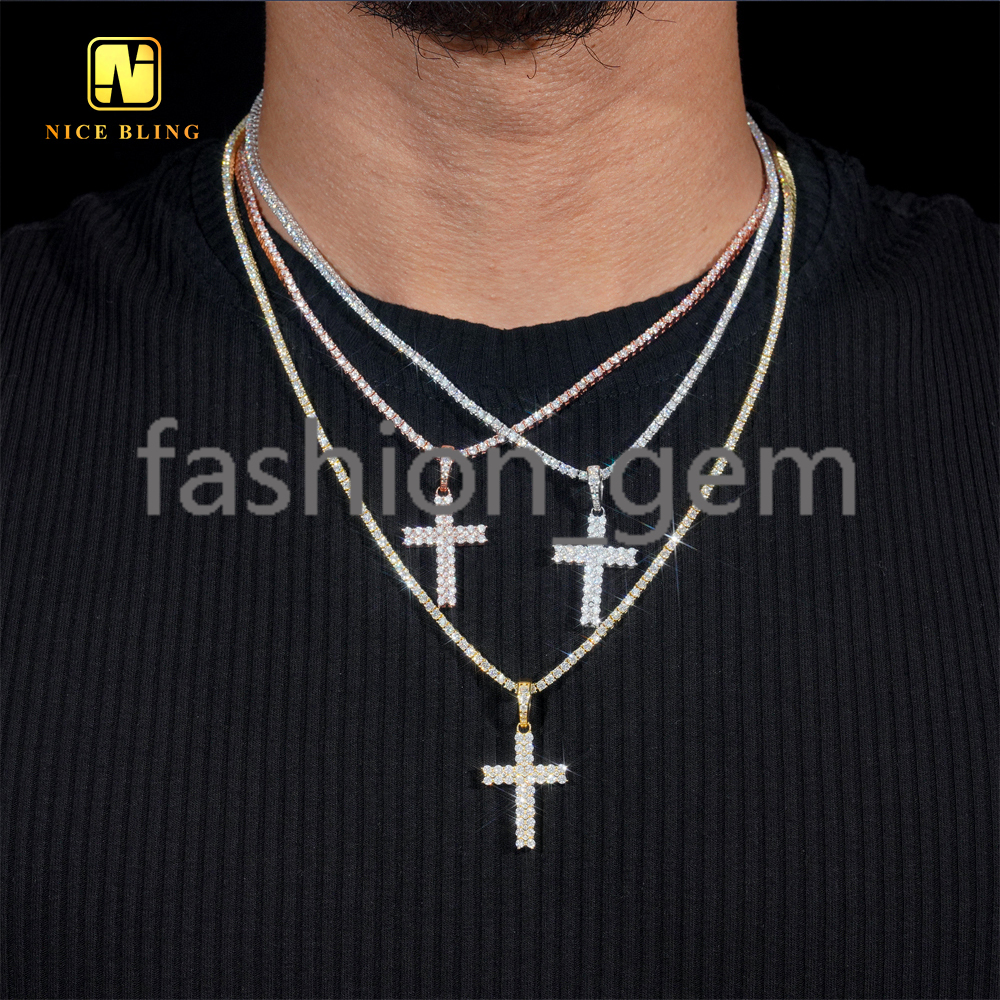 New Two Row Small Cross Pendant Moissanite Pendant Pass Diamond Tester Hip Hop Iced Out Pendant Religious Jewelry