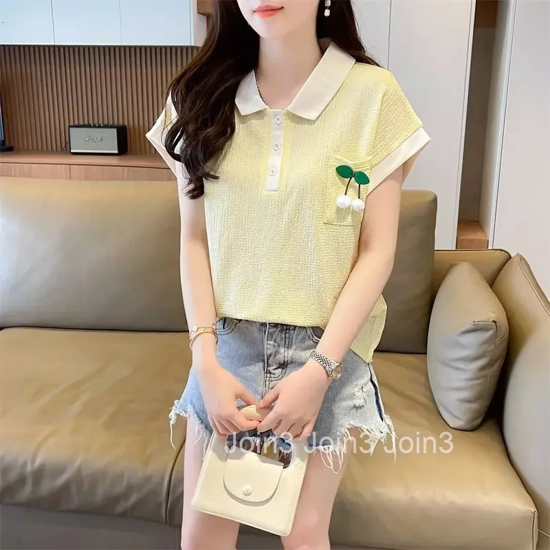 Embroidery Woman Tshirt Summer Outfit Polo Neck T Shirt for Women Clothing Sales Youthful Elegant Clothes with Collar Trend 2025