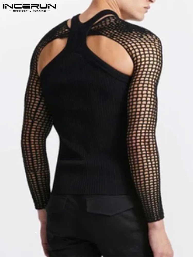 INCERUN Fashion Men T Shirt Sexy See Through Mesh Hollow Two Pieces Sets Tops Streetwear Party Nightclub Men Clothing S-5XL 250617