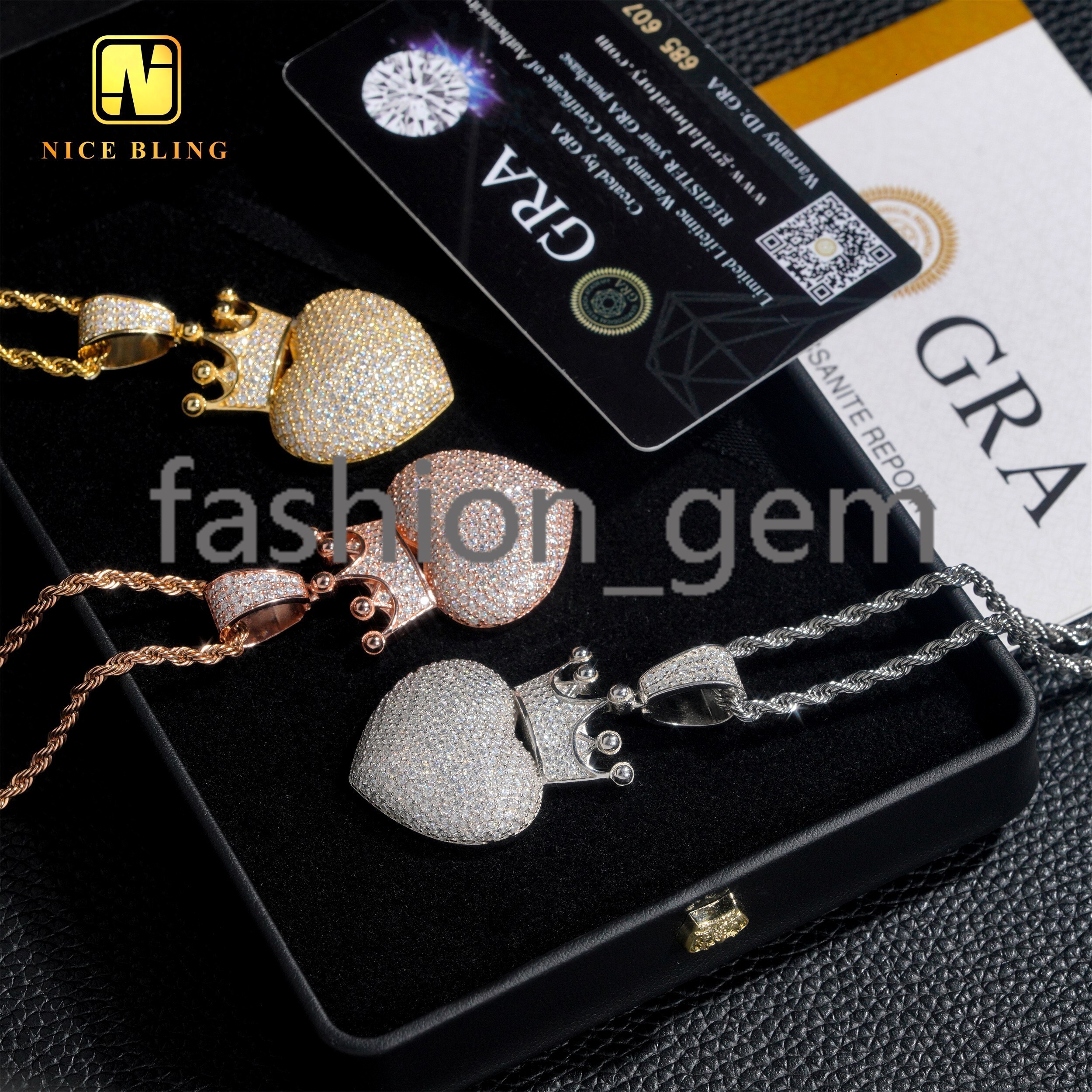 Fine Jewelry Hip Hop Pendants Iced Out Heart Shape Charm Pendant Crown Bale 925 Sterling Silver Moissanite Diamond Pendants