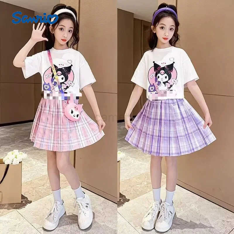 Sanrio Sanrio New Girls Short-Sleeved T-Shirt Pleated Skirt Set Kuromi Cartoon Spring and Summer T-Shirt Top Skirt Two-Piece Gift Set XJ250618