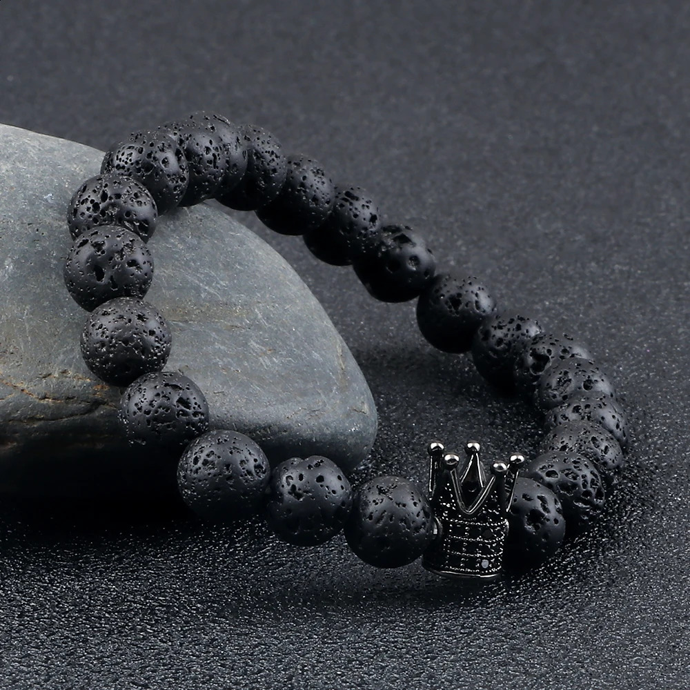 Vintage CZ King Crown Charm Bracelets For Men 8mm Natural Black Lava Stone Beads Stretch Fashion Women Healing Jewelry 250613