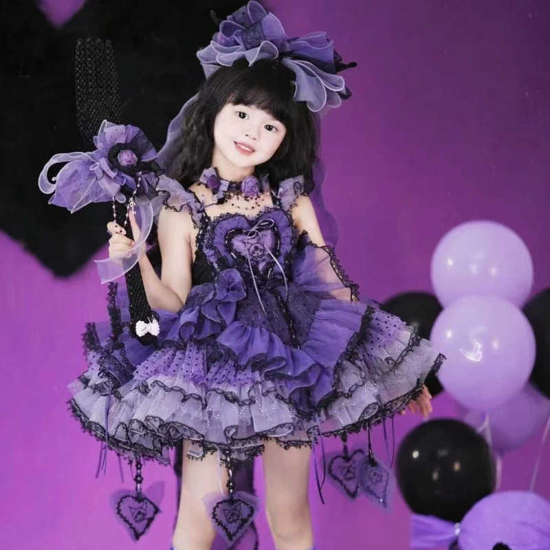 Sanrio Sanrio Cosplay Halloween Princess Dress Kuromi Lolita Spring Autumn CHILDRENS Costume Dresses Puffy Skirt Suit Cute Girls DressXJ250618