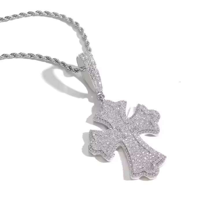 Trendy Cross Pendant 1 Inch Moissanite Round Cut Diamond in Silver Plated Design Fashion Necklace for Spiritual Style Now In USA