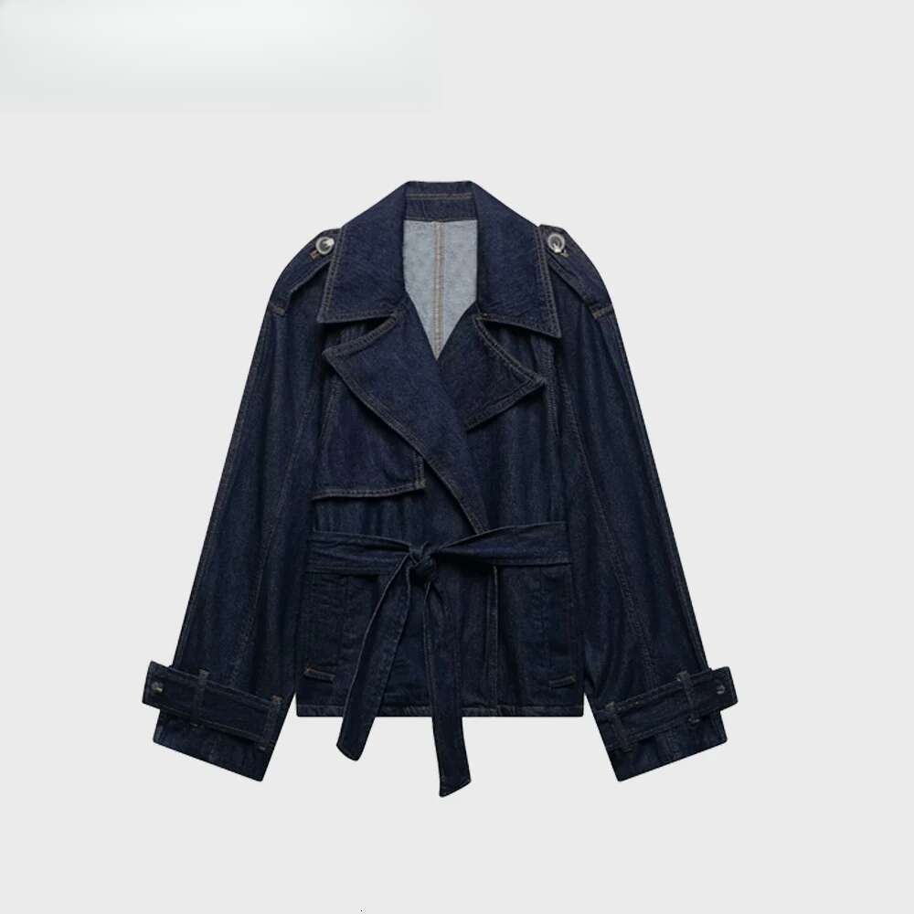 Spring 2025 New Women's Clothing European American Style Blue Waistband Short And Wide Design Denim Trench Coat