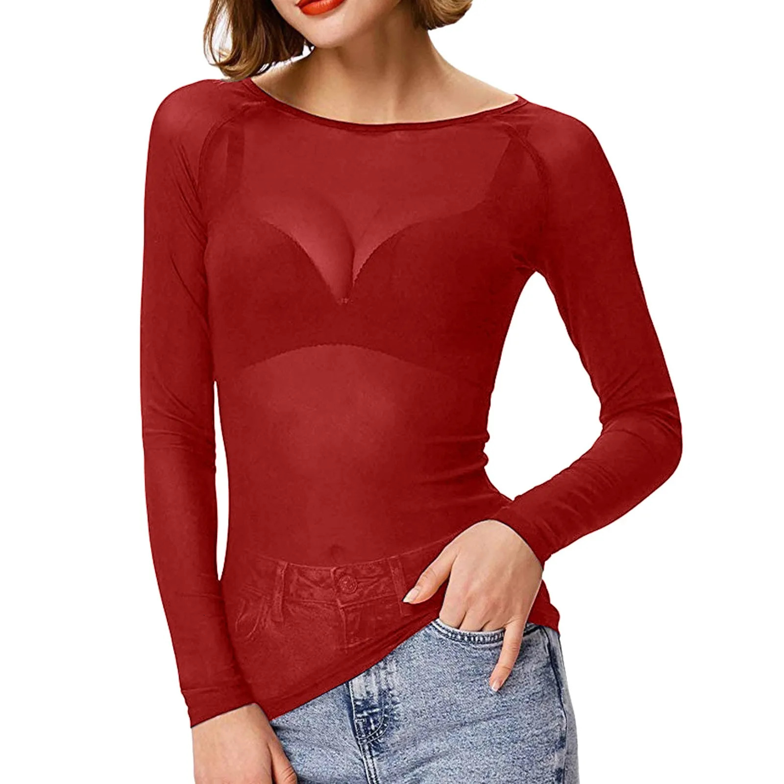 Mesh See Through Womens Shirts Long Sleeve Seamless Top Shirts And Blouses Summer Round Neck Transparent Bottom Shirts Tops 250618