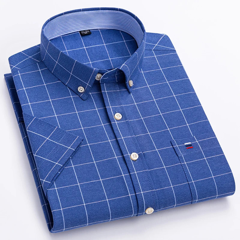 Mens Social Shirt Short Sleeve 100% Pure Cotton Oxford Soft Buttoned Plaid Formal Male Clothes Pocket Social Shirt S-7XL 250616