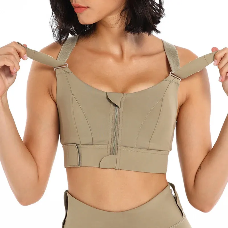 Womens sports bra tight fitting crop top yoga vest front zipper plus size adjustable shoulder straps shockabsorbing shirt gym fitness 241009