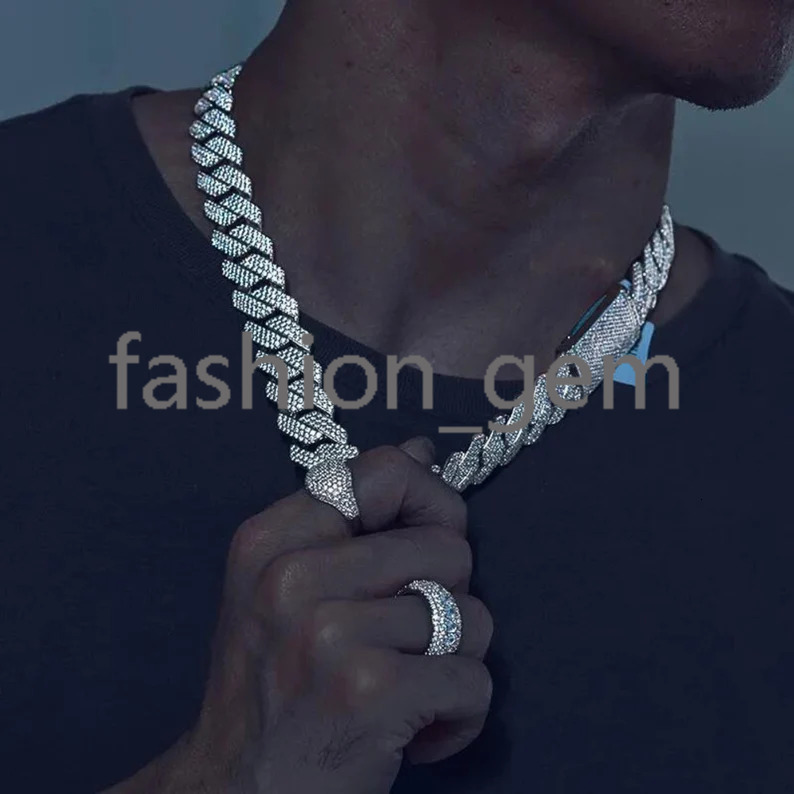 Hiphop Jewelry Moissanite Cuban Chain 18mm 925 Silver Iced Out 3 Rows Moissanite Cuban Link Chain