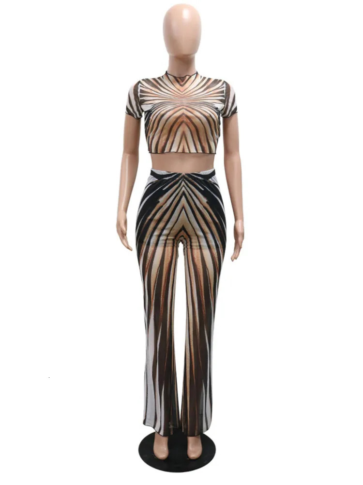 Weird Puss See Through Women 2Piece Set Sexy Stripe Print Summer Trend Shorts Sleeve Crop TopsFlare Pants Matching Club Outfits 250614
