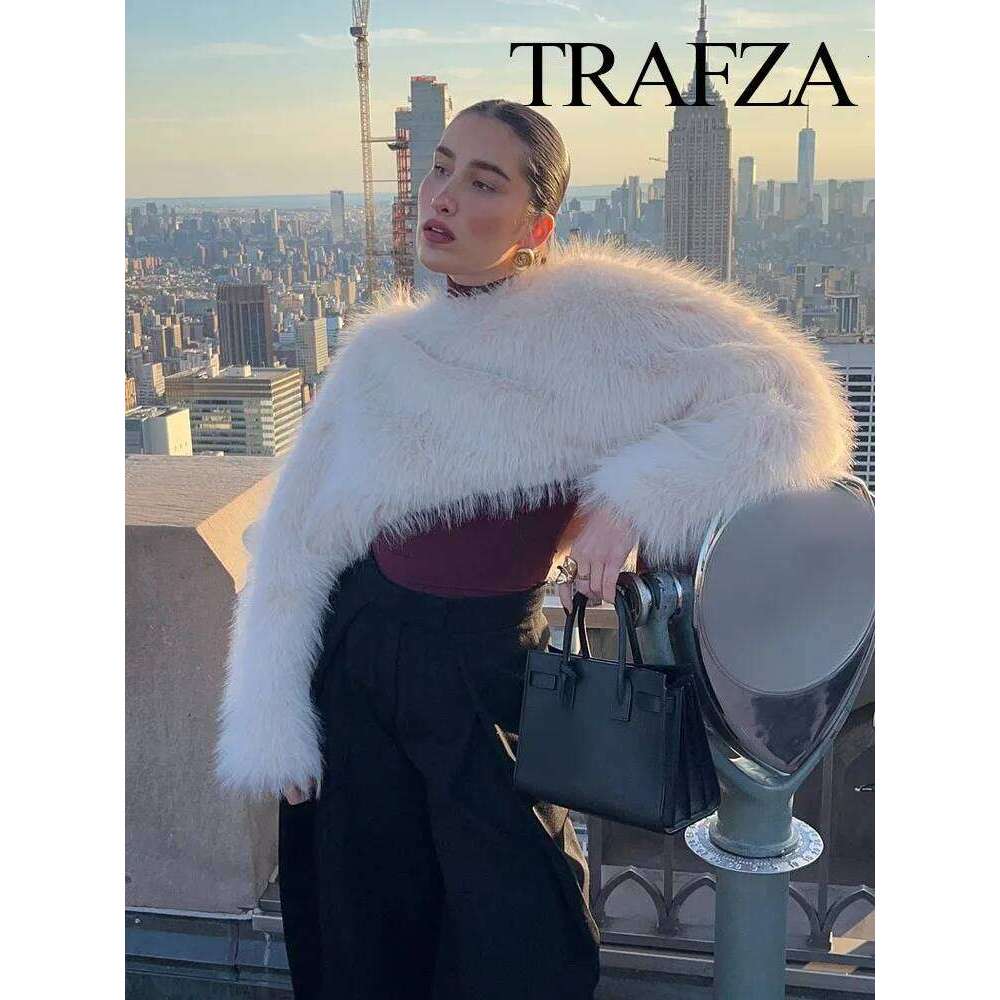 TRAFZA Women Winter Fashion O-Neck Long Sleeve Casual Loose Top Female Warm Faux Fur Pullover Sweatshirts Streetwear 2 Color