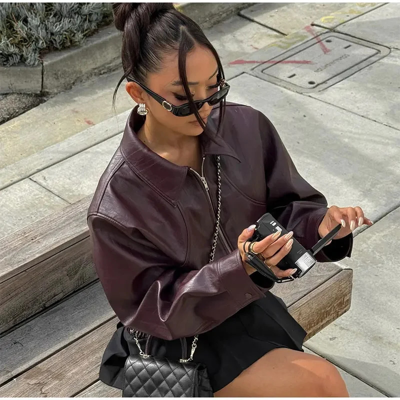 Chic Solid Color Lapel Cropped Leather Jacket Fashion Womens Pockets Long Sleeves Short Coat Lady Autumn High Streetwear 250613