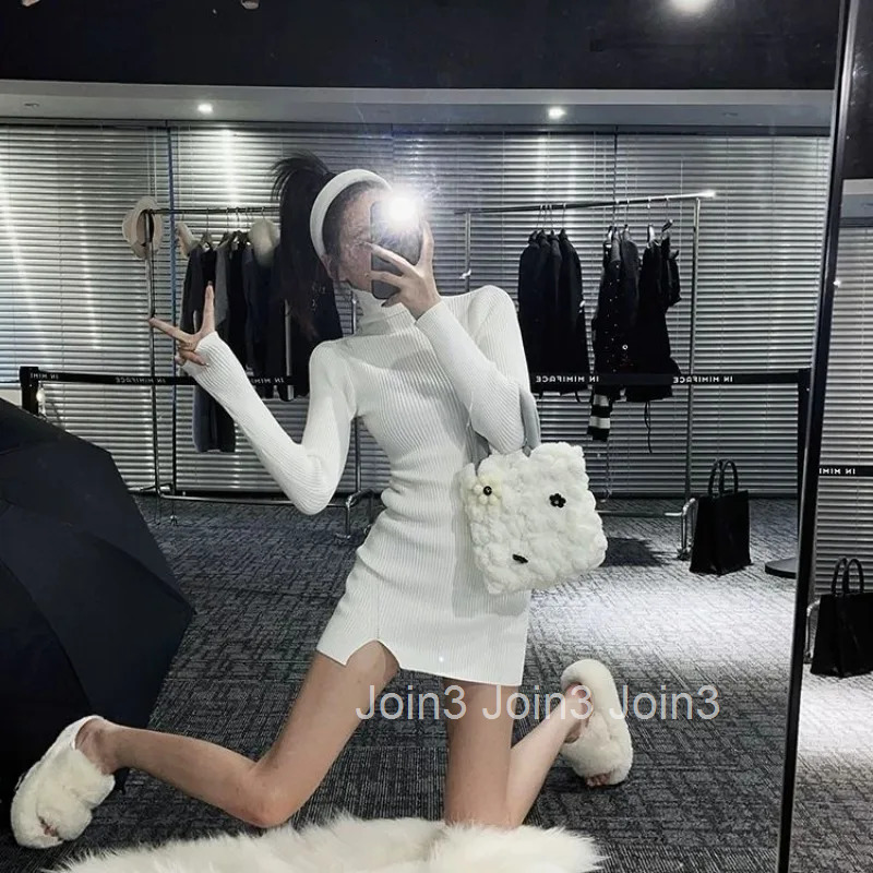 Grey Crochet Clothing Turtleneck Brown Womens Dresses Knit Short Extreme Mini Split Female Dress Designer Beach Sale One-piece