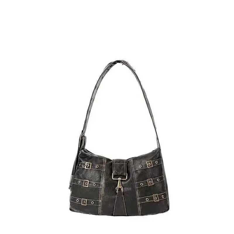 Punk PU Leather Handbag Metal Buckle Shoulder Bags Tote Wan Bag Large Capacity Commuting Storage Bag Purse B250618