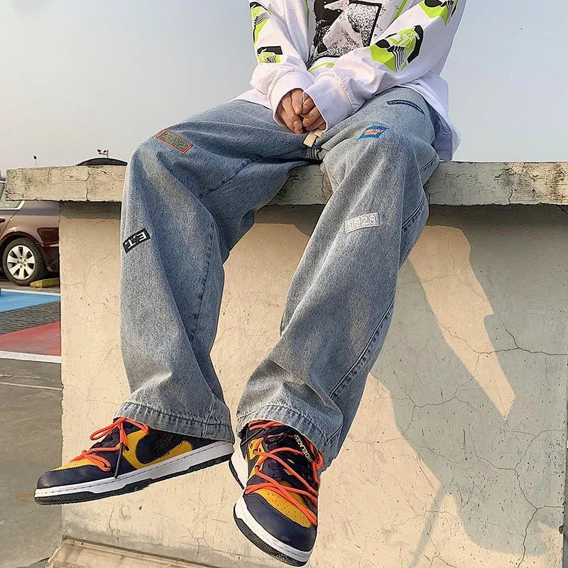 Jeans for Men with Print Trousers Graphic Hip Hop Male Cowboy Pants Light Blue Y2k Streetwear Aesthetic Harajuku Baggy Xs 250617
