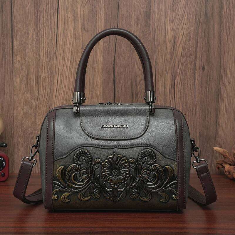 Women Leather Handbag Fashion Emed Top Handle Floral Pattern Design Adjustable Strap Versatile Daily Use Bag