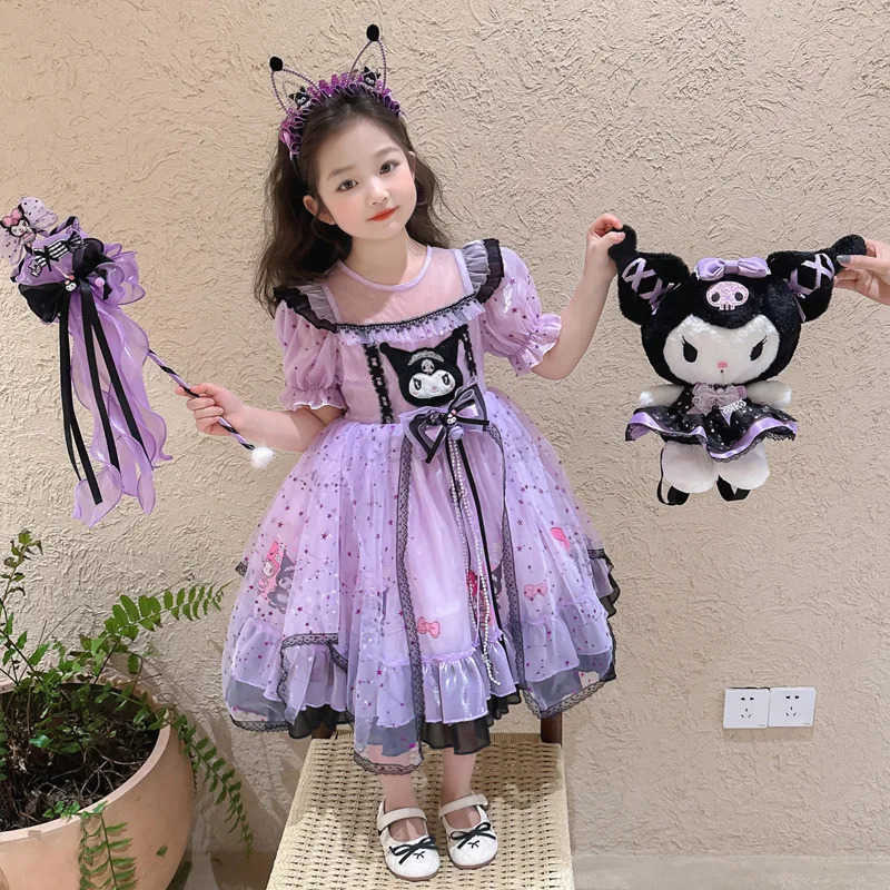 Sanrio 2025 Cosplay Sanrio Kuromi Lolita Princess Dress Summer Bow Puffy Skirt Dress Suit Children Birthday Party Costume Girls GiftsXJ250618