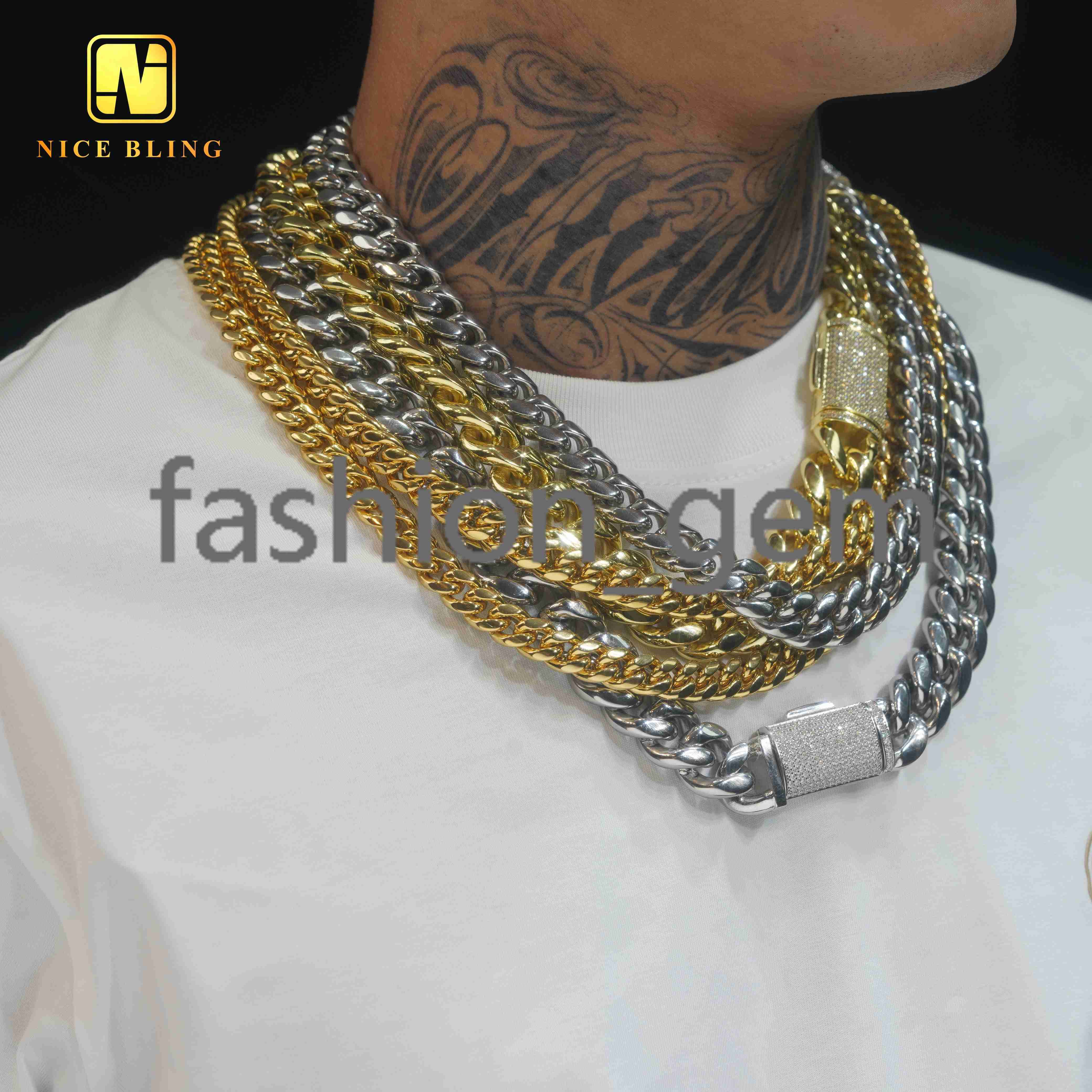 Wholesale 925 Silver Lock+moissanite 18k Gold Plated 925 silver 925 silver 8mm 10mm 12mm 14mm Cuban Necklaces Bracelets for Men Women