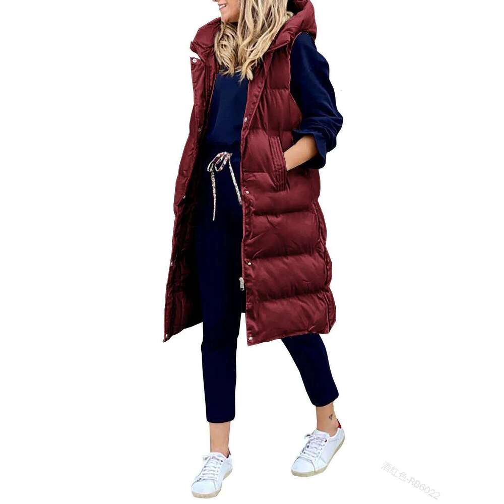 Women's Long With Hood Autumn Winter Sleeveless Warm Cotton Coat Waistcoat Quilted Vest Down Jacket Outwear 5Xl