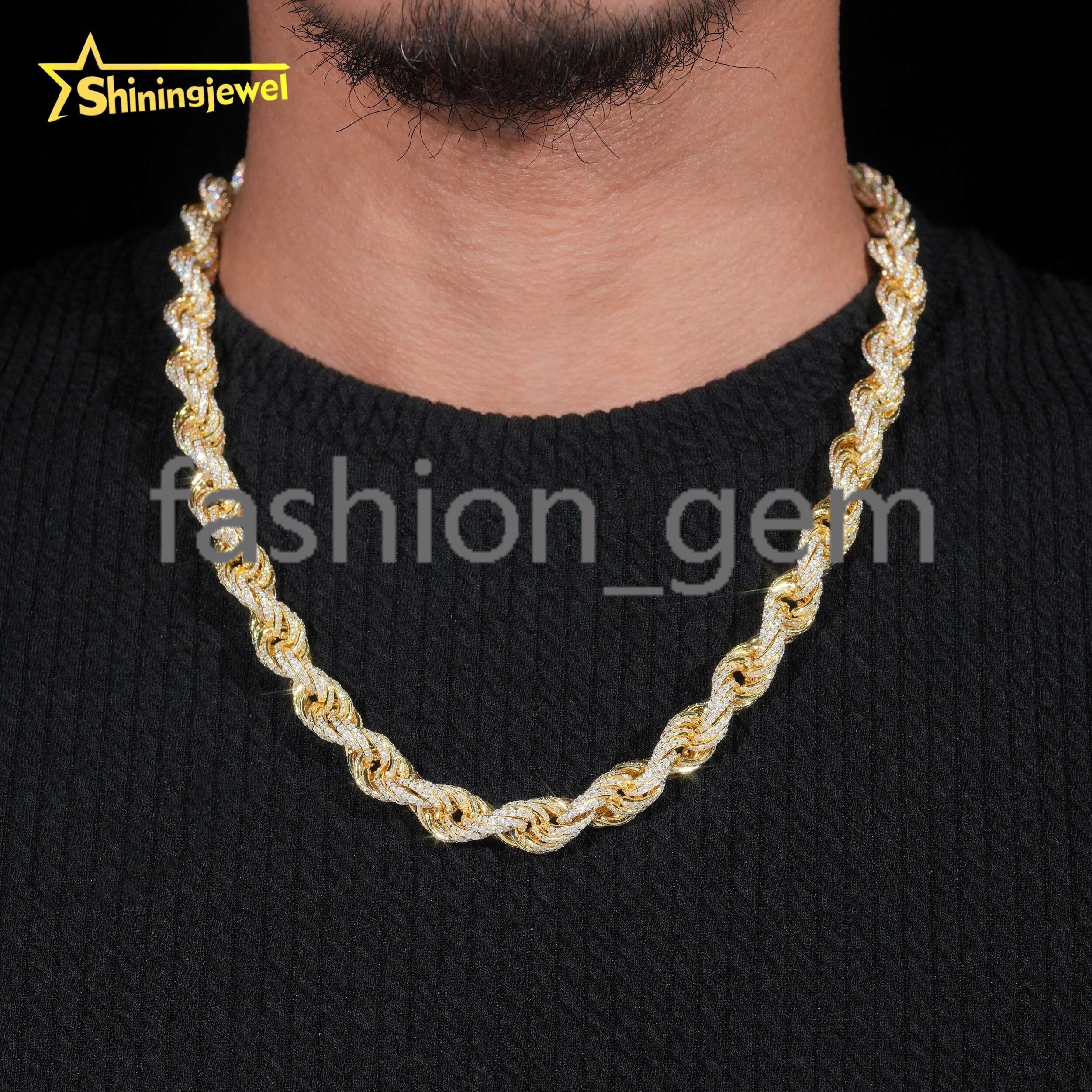 Pass Diamond Tester Hip Hop 10mm 925 Silver Gold Plated Fully Iced Out VVS Moissanite Rope Chain