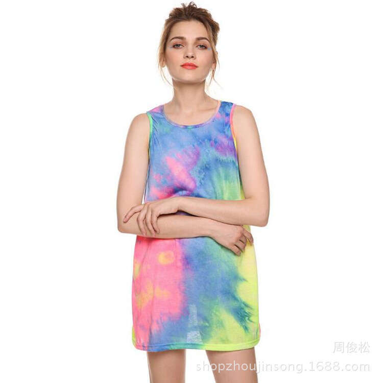 Summer New Sleeveless Vibrant Tie-Dye Colorful Tank Dress B5