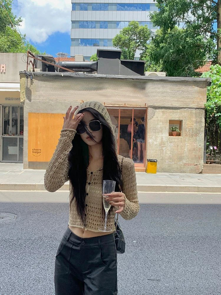 Fashion Cardigan Y2k Coat Solid Color Hollow Out Hooded Long Sleeve Short Smock Thin Summer Female Slim Womens Clothing 250617