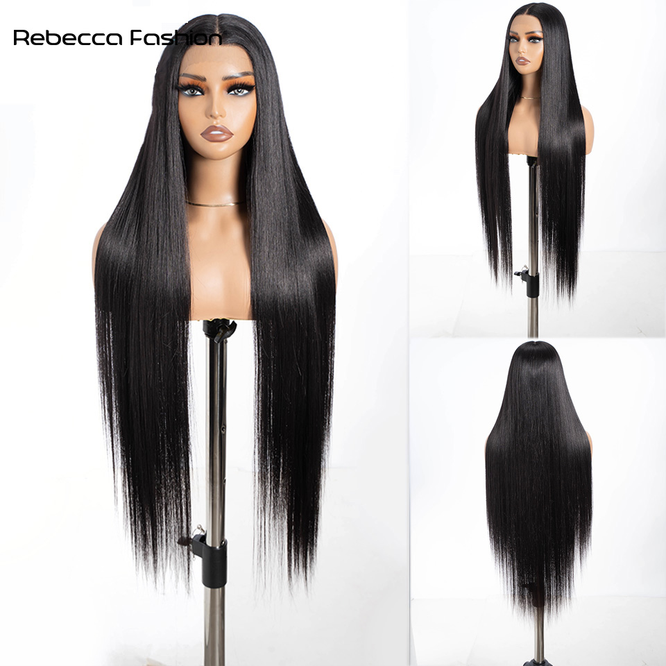 Rebecca Fashion Straight Synthetic Front 13*6*1 For Women 38 Inch Long Ombre Brown Red Blonde Hightlight Lace Frontal Wigs Cosplay Wig